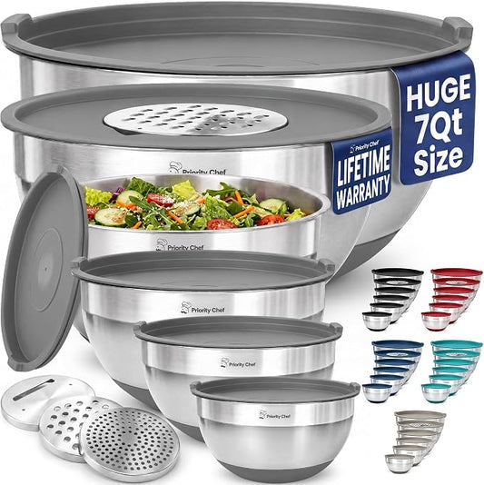 Priority Chef 6pc Stainless Steel Mixing Bowls with Lids Set, 7 Qt, Grey | 6pc Non-slip nesting bowls 1-7 qt, 3 graters & interior measurement marks; for meal prep, baking & airtight fridge storage