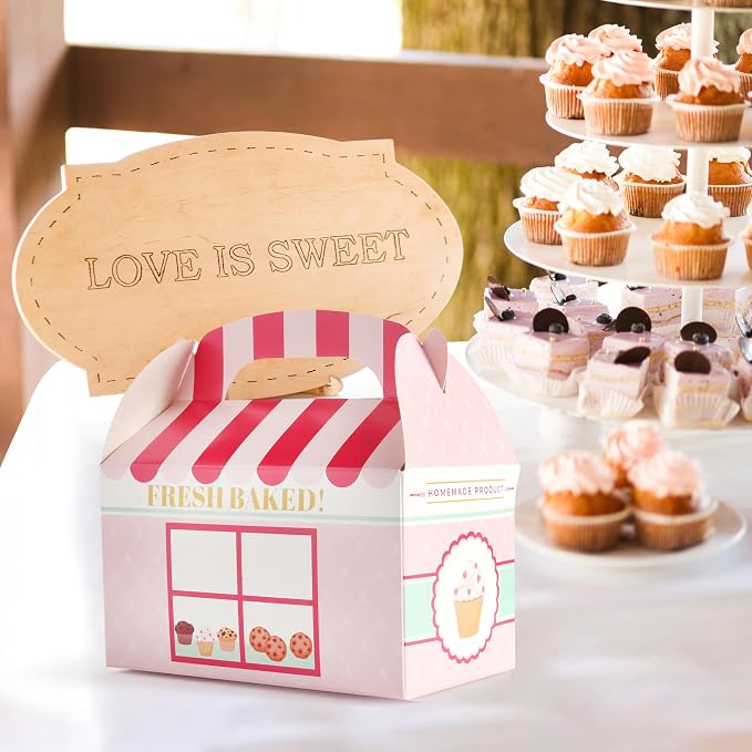 24 Bakery Favor Boxes Pink Treat Boxes with Handle Dessert Candy Gift Party Favors Cupcake Cookie Birthday Baby Shower Supplies