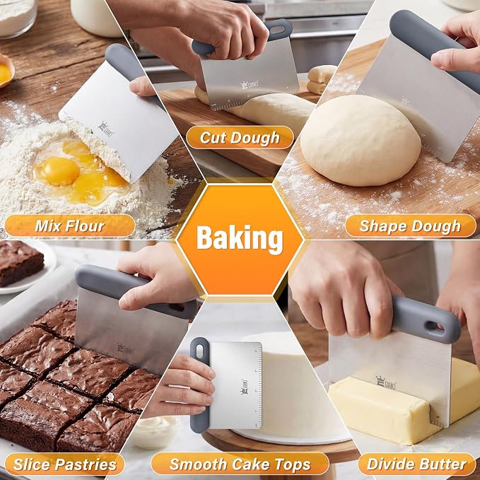 Bench Scraper for Kitchen Set of 2, Springy Stainless Steel Dough Scraper, Multipurpose Pastry Scraper Tools for Pizza Bread Frosting Cakes, Platinum Silicone Handle Measuring Scale & Conversion Chart