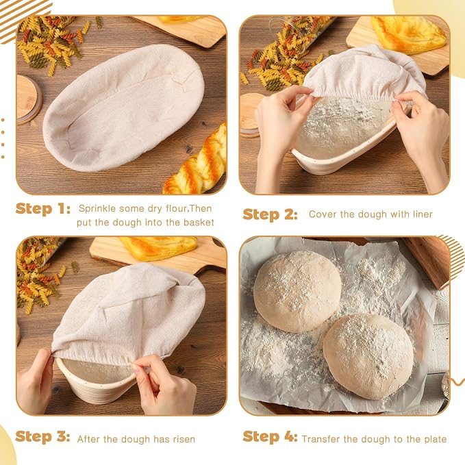 4 Pieces Oval Bread Banneton Proofing Basket 10 Inch Rattan Sourdough Bread Baskets Banneton Dough Proofing Bowls with Liners and Scatters for Home Sourdough Baking(Oval)
