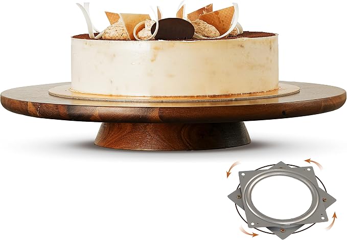 13" Acacia Wood Cake Stand Rotating – Rustic Cake Stand Turntable – Wooden Revolving Spinner Cake Decorating Supplies - Use at Parties, Weddings, Restaurants (Acacia Wood)