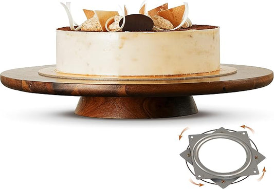 13" Acacia Wood Cake Stand Rotating – Rustic Cake Stand Turntable – Wooden Revolving Spinner Cake Decorating Supplies - Use at Parties, Weddings, Restaurants (Acacia Wood)