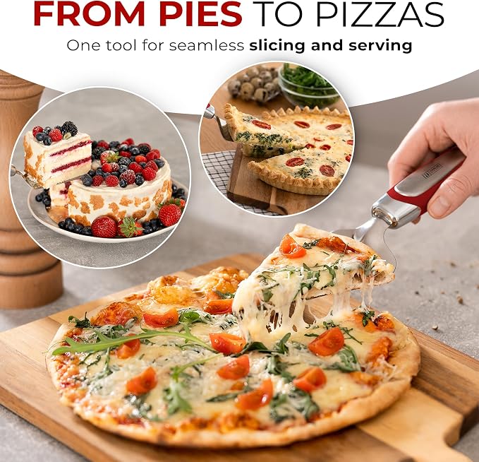 Orblue Pie Server, Essential Kitchen Tool, Serrated on Both Sides, Great for Right or Left Handed Chef, Stainless Steel Flatware, Cake Cutter, Red