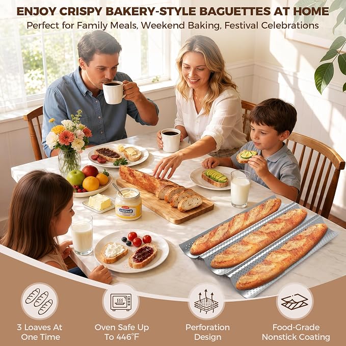 Baguette Bread Pan, Premium Nonstick Perforated French Bread Baguette Baking Pan, 3 Loaves Baguette Tray for Sourdough, Italian Bread, Sub Roll, Perfect for Creating Crisp Golden-Brown Crust