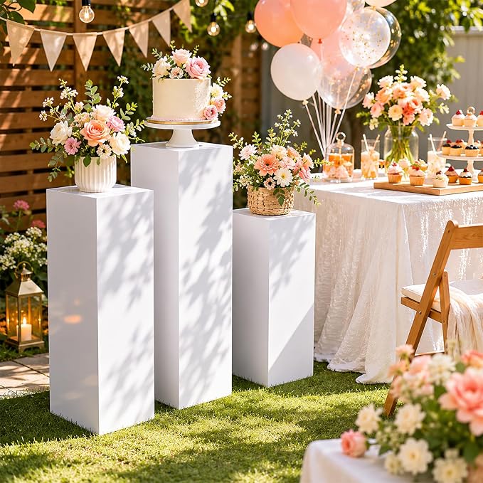 SwallowLiving 3PCS Metal White Display Pedestal Stand for Parties, Square Tall Pedestal Cake Stands Pillars for Wedding, Sculpture Display Stand Column Decoration