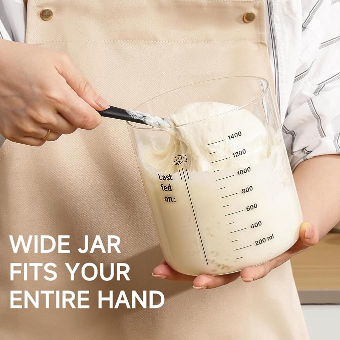 HomeFeel Premium Sourdough Starter Jar - 50 oz Large Glass Jar with Bamboo Lid, Cloth Cover, Date Tracker, Thermometer and Scraper, Stylish Design and Wide Mouth Starter Kit