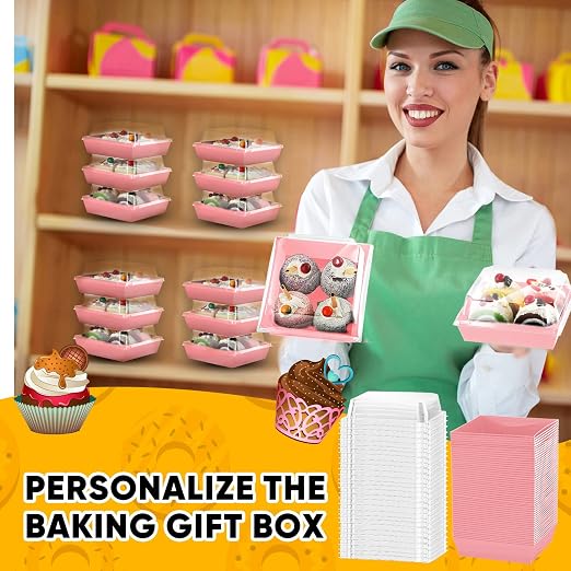 100 Pack Charcuterie Boxes with Clear Lids Valentine Gift 5 Inch Cookie Boxes Disposable Cake Case Paper Square Cookie Containers Dessert for Sandwich Slice Cake Hot Cocoa Bombs Strawberries(Pink)