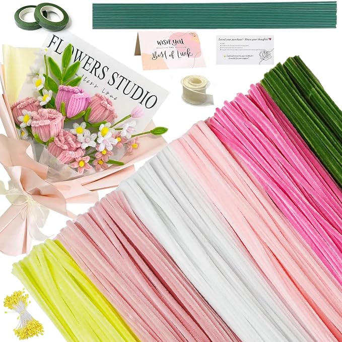 AHAMETON 620Pcs Pink Yellow Pipe Cleaners Complete Craft Kit with Wires, Pom Poms, Stamens and Card, All-in-One DIY Flower Craft Supplies for Creative Wedding Gifts Home Decor, Party & School Crafts