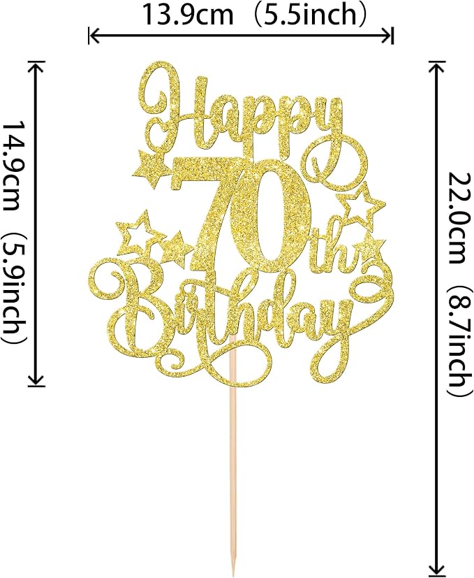 1 PCS Happy 70th Birthday Cake Topper Glitter Cheers to 70 Years Birthday Cake Pick Hello 70 Fabulous Cake Decoration for Happy 70th Birthday Anniversary Party Decorations Supplies Gold
