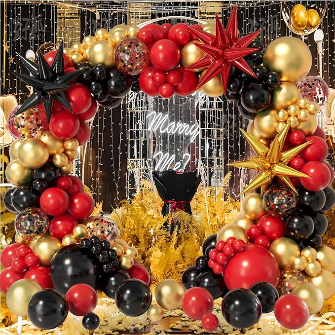Bonropin Red Black Gold Balloon Garland Arch Kit 158pcs with Red Black Gold Confetti Balloons, Star Foil Balloons, for Graduation New Year Anniversary Birthday Party Decorations
