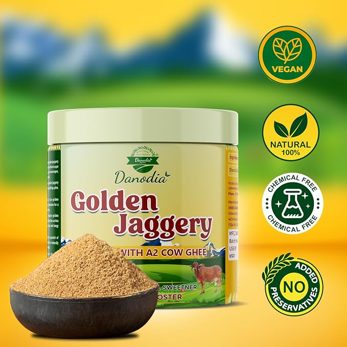 Danodia Foods Organic Golden Jaggery with A2 Cow Ghee, Cane Gur, 400g US | Ghee-infused cane gur sweetener for chai, coffee, baking, desserts and Indian recipes; no preservatives used; chai sweetener