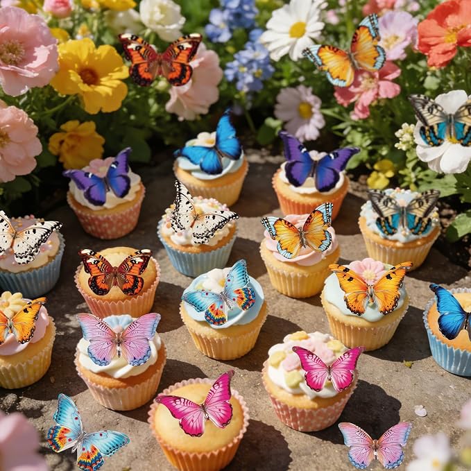 72PCS Edible Butterfly Cupcake Toppers Wafer Paper 3D Butterflies Cake Picks Colorful Cake Decorations for Spring Theme Baby Shower Wedding Kids Birthday Party Cake Decor Supplies