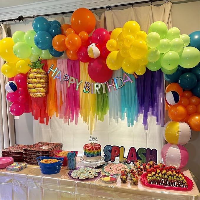 141 Pcs Rainbow Easter Balloon Arch Kit, Hot Pink Lime Green Orange Slate Blue Yellow Latex Neon Summer Tropical Balloon Garland for Hawaiian Luau Aloha Birthday Baby Shower Pool Party Decorations