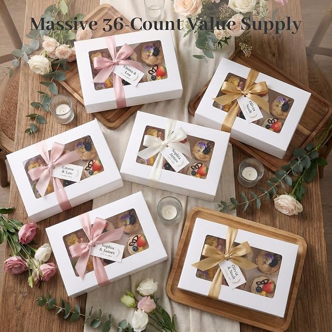 HONEYGIFTS 6 Count White Cupcake Boxes, 6 Sets Cupcake Carrier with Window Boxes Holding 36 Pastry Box for Birthday Holiday Party Bakery Supplies