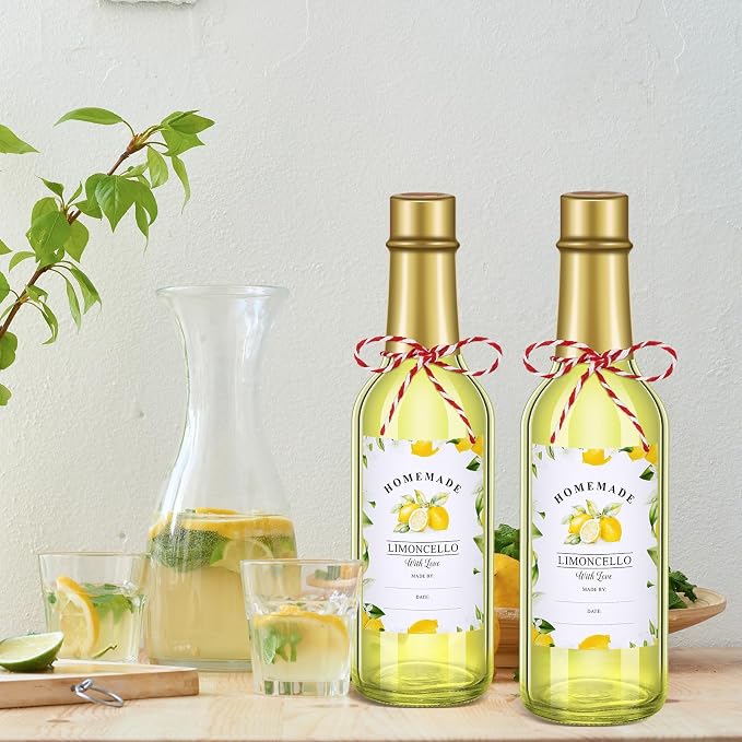 Reallnaive 12 Sets Limoncello Glass Bottles Sets 8 oz Clear Glass Bottles for Limoncello Homemade with Tags and Twine and Funnel for Home Brewing Wedding Baby Shower Party Favors