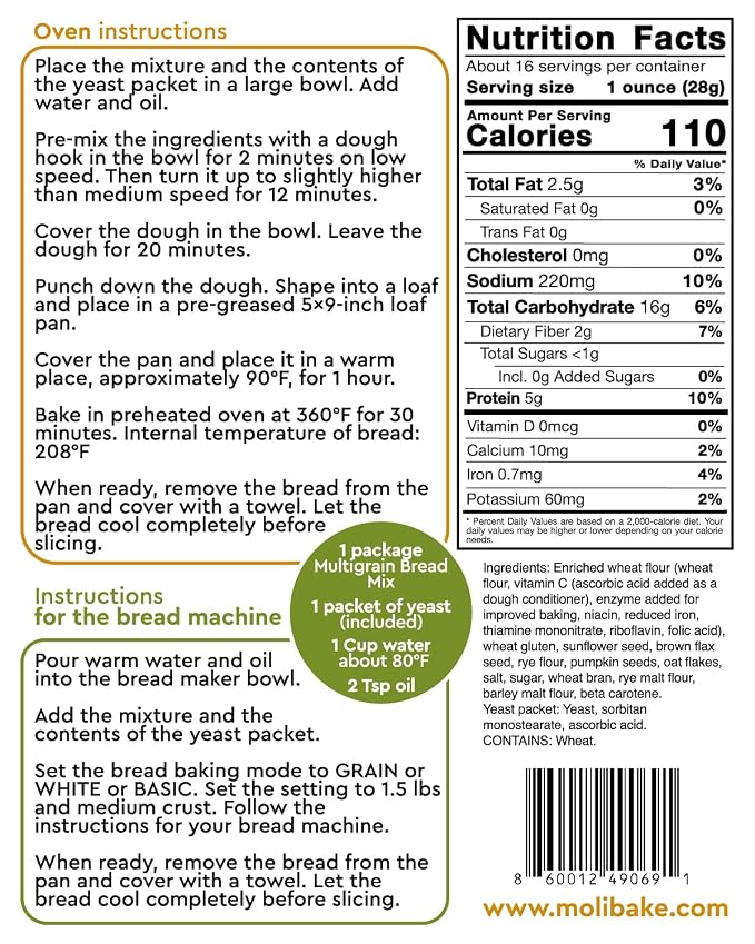 Molibake Multigrain Bread Mix – Pack of 4 – Premium All-Natural Baking Mix for Bread Machine and Oven – 15 oz – Gourmet Blend with Sunflower Seeds, Brown Flax, Pumpkin Seeds, Oat Flakes, Rye, Barley Malt, Wheat Bran – Easy-to-Use Bread Maker Mix for Ho...