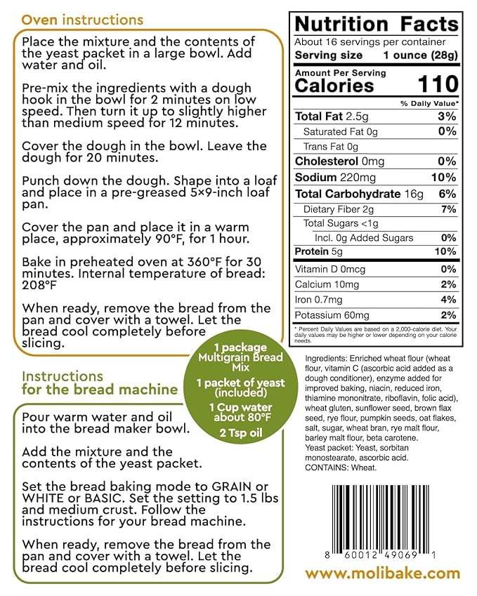 Molibake Multigrain Bread Mix – Premium All-Natural Baking Mix for Bread Machine and Oven – 15 oz – Gourmet Blend with Sunflower Seeds, Brown Flax, Pumpkin Seeds, Oat Flakes, Rye, Barley Malt, Wheat Bran – Easy-to-Use Bread Maker Mix for Homemade Baking
