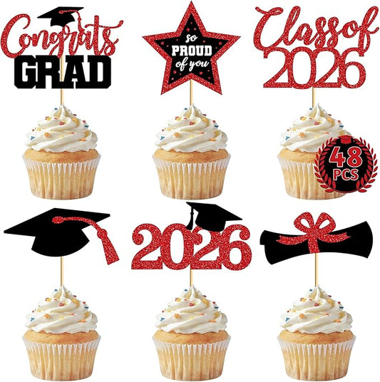 48 PCS Graduation Cupcake Toppers, Glittery 6 Styles Congrats Grad Cake Topper, Black and Red Graduation Decorations 2026, Cap and Diploma Cake Picks for Grad Party Supplies