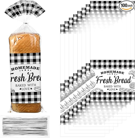 Sabary 100 Pcs Homemade Bread Bags with Ties Black Buffalo Plaid Bread Loaf Bags Plastic Clear Gift Storage for Home Bakers Bakery Christmas, 10 x 20 Inch