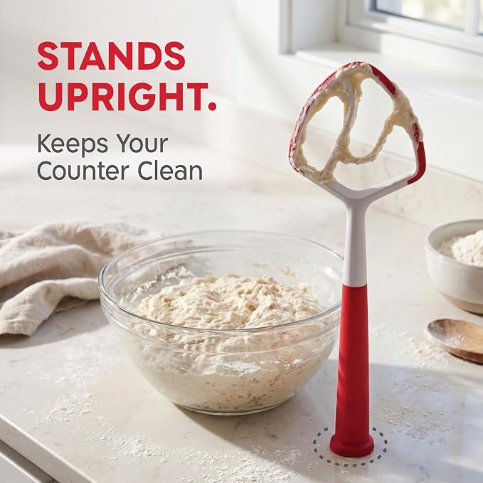 KneadAce Dough Wand, Danish Dough Whisk for Sourdough Baking, Dough Mixer with Silicone Scraping Edges, Self Standing Bowl Mixing Tool (White/Red)