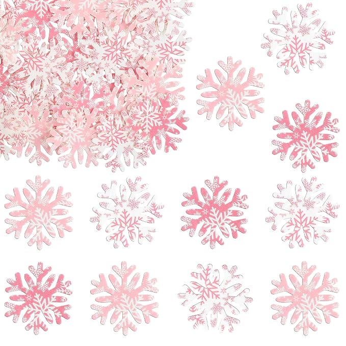 Gyufise 50Pcs Edible Snowflake Cupcake Cake Toppers Wafer Paper Snowflake Cake Decorations for Christmas Winter Frozen Theme Party Supply Decoration Multi Pink