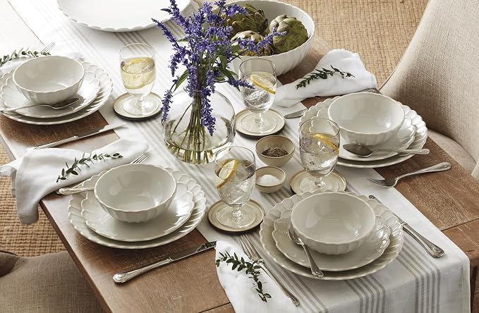 Lenox Dinnerware Sets, French Perle Scallop White 24-Piece Dinnerware Set, Service For 8, Stoneware Material, Dishwasher Safe, Microwave Safe, Bowls, Plates And Bowls, Dinner Dishes (White, 24 Piece)
