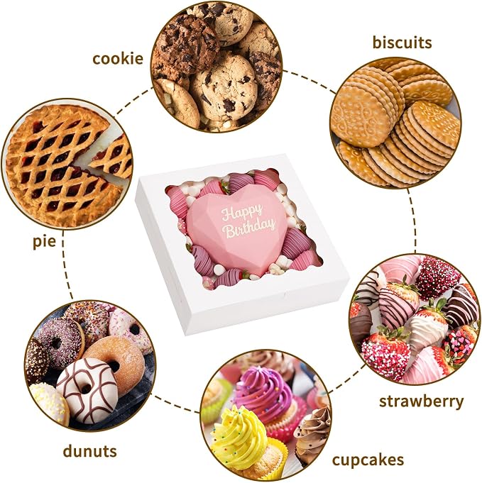 Moretoes 70pcs White Pie Boxes, 10x10x2.5 Bakery Boxes with Window, Cookie Boxes for Pies, Treat Boxes Dessert Boxes for Pastries, Pizza, Strawberries, Chocolate, Muffins and Donuts
