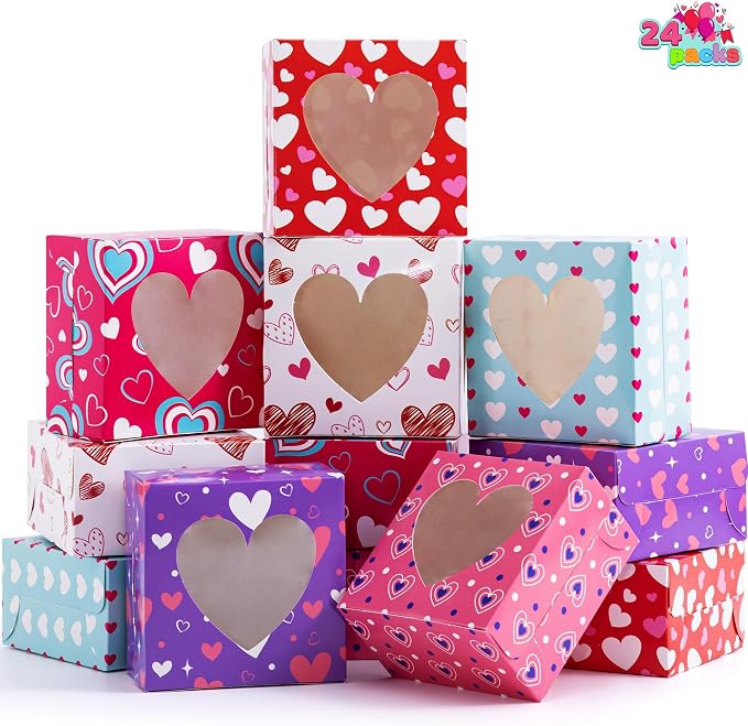 JOYIN 24 Pcs Valentine’s Day Bakery Treat Boxes,Valentines Cupcake Boxes,Cookie Cardboard Boxes with with Heart PVC Window for Holiday Pastries,Wedding Doughnut