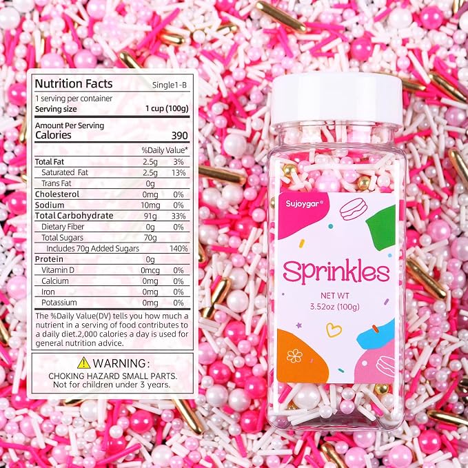 Pink Sprinkles for Cake Decorating, 3.52oz Pearl Sprinkles for Ice Cream Cupcakes Toppings Baking Cookies, Pink Gold Sprinkle for Valentines Weddings Princess Shower Bridal Party