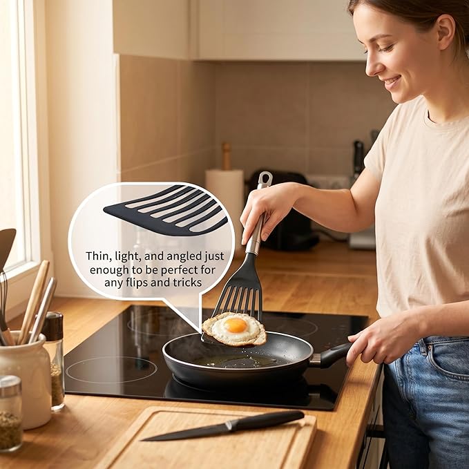 KSENDALO Thin Flexible Fish Spatula for Nonstick Cookware, Black | Egg Flipper Turner w/Hollow Steel Handle, Slotted Angled LFGB Complaint Nylon Blade, Dishwasher Safe, Silver Handle