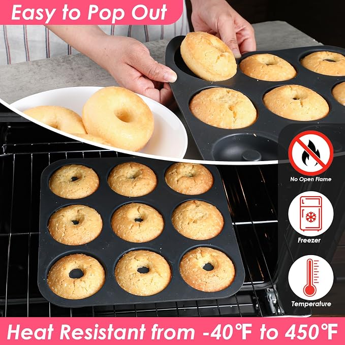 Webake 2 Packs Platinum Silicone Donut Pans for Baking, 3.2 Inch Non-Stick Donut Molds, 9-Cavity Donut Pans Bagel Molds, Food-Grade BPA Free & Dishwasher Safe