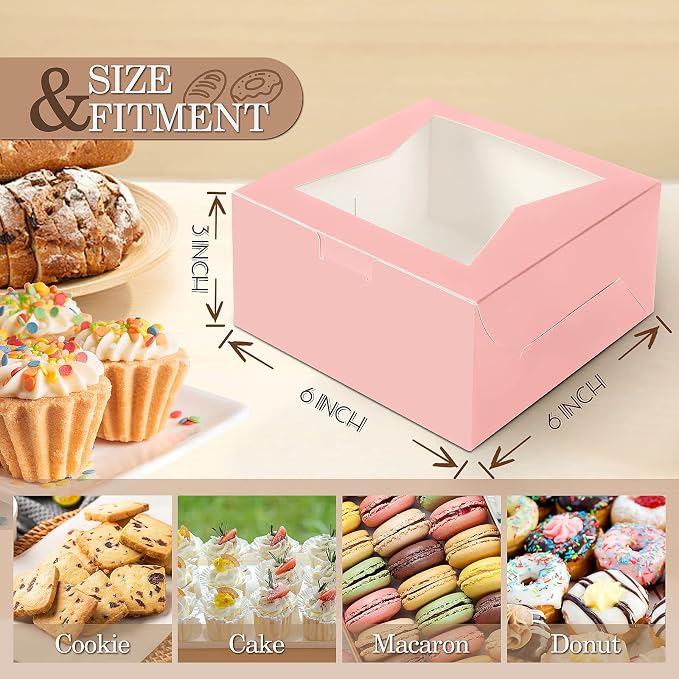 KPOSIYA 65PCS Bakery Boxes with Window 6x6x3 Inches 5 Style Cookie Boxes Small Pastry Boxes for Candy, Dessert, Pastry, Donuts, Birthday Party, Wedding(Pink)
