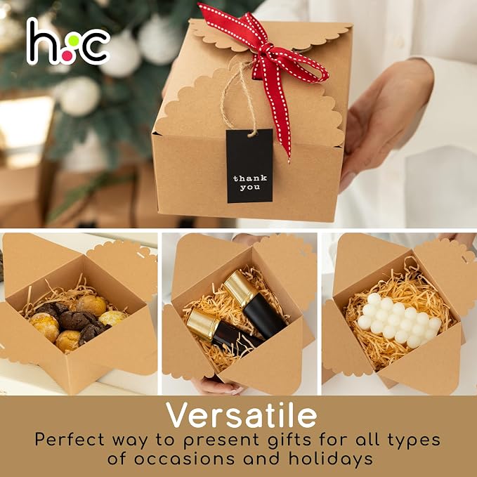Brown Kraft Cookie Boxes with Ribbons & Tags (20 Pack) 5.8” x 3.7” Small Craft Gift Boxes for Baked Goods, Candy, Treats, Chocolate, Fudge, Christmas, Decorative Food Packaging, Empty, Bulk, Square