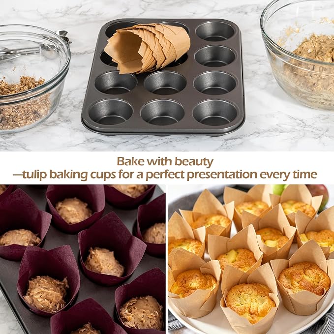 Ruisita 150 Pcs Mini Cupcake Liners Muffin Liners Baking Cups | Tulip Cupcake Liner for Baking Wedding, Birthday, Baby Shower Parties, Brown, Natural