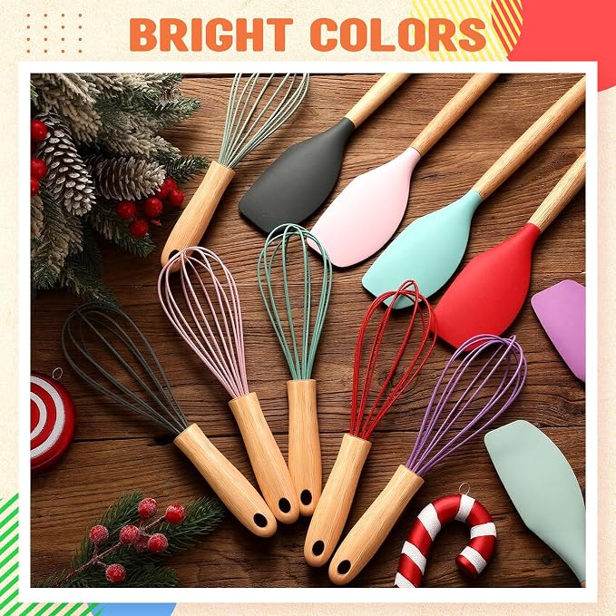 Funnymoom 24 Pcs Small Silicone Whisks and Spatulas with Wooden Handle for Cooking 10 Inch Mini Whisk Spatula Non Stick Kitchen Baking Essentials Cookware for Valentines Day Party Favor Gift Supplies