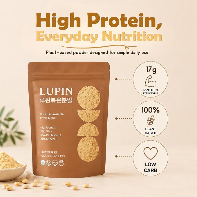 Lupinery Roasted Lupini Beans Flour Powder | 100% Australian Lupin 400g | High Protein Gluten Free Flour Alternative | Low Carb Plant Based Ingredient for Bread Smoothies Cooking and Baking