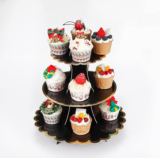 YLDW Cupcake Stand with Lace Trim, 3-Tier Cupcake Stand Display, Cardboard Cup Cake Tower Stand, Disposable Dessert Stand for Birthday Tea Party Baby Shower Treat Decorations, Black