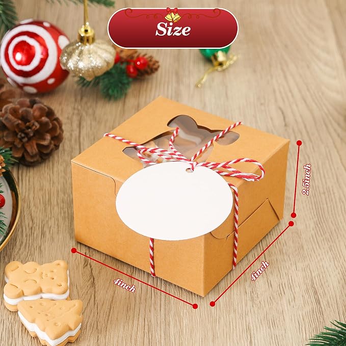 COTOPHER 18Pcs Christmas Cookie Boxes with Window, 4x4x2.5 inch Kraft Brown Bakery Boxes for Gift Giving, Mini Cake Boxes for Treat Donuts Chocolate Strawberries Pastries Muffins