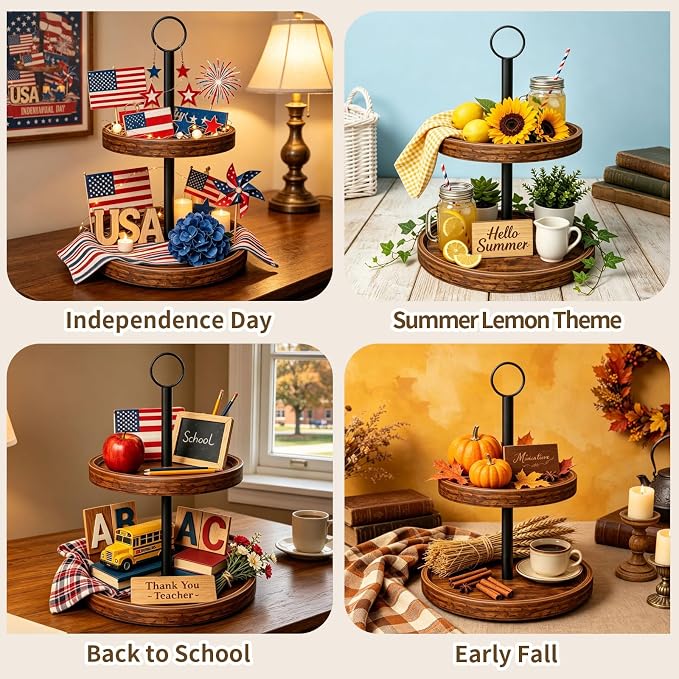 Tiered Tray Stand, Rustic Two Tier Decorative Tray with Metal Handle, Farmhouse 2 Tier Serving Tray, Round Cake Cupcake Stand for Coffee Bar Home Party Decor Holiday Housewarming Gifts(2-Pack)