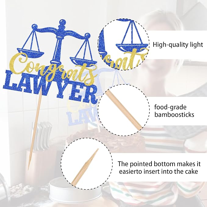 1 Pack Congrats Lawyer Cake Topper Glitter Class of 2026 Law School Survivor Cake Pick 2026 Graduation Cake Decorations for 2026 Lawyer Graduation Party Supplies Blue Gold