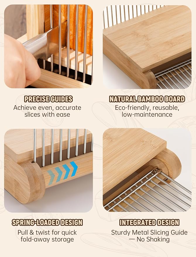NiHome Bamboo Bread Slicer for Homemade Bread with Stainless Steel Guides, Adjustable Thickness for Toast & Sandwiches, Foldable Compact Sourdough Wood Cutting Board