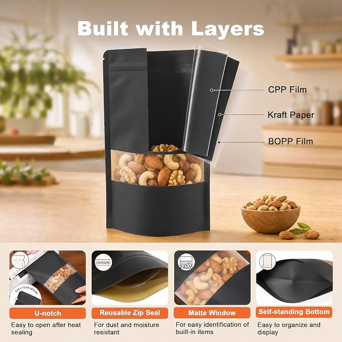 FireKylin 100 Pcs Resealable Bags, Paper Stand Up Pouches Bags with Matte Window for Small Businness, Zipper & Heat Sealable Treat Bags for Packaging(Inner Size 4.1" x 4.9"; Outer Size 4.7" x 7.9")