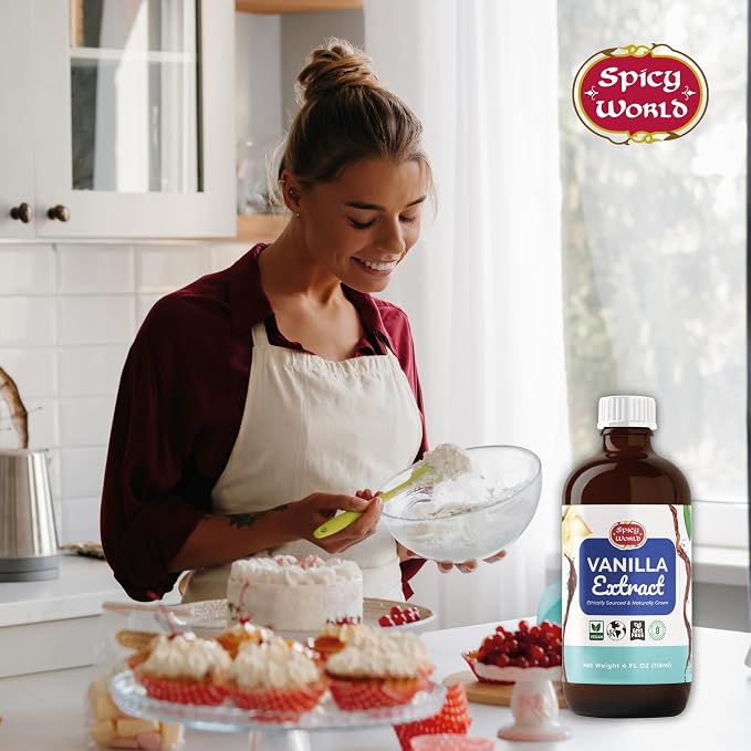 Spicy World Pure Vanilla Extract 4oz - 100% Real Vanilla Extract - Made from Grade B Vanilla Beans - For Cooking, Drinks & Desserts - 100% Vegan, Sugar Free & Kosher - Non-GMO & Gluten-Free - Glass Bottle (4 Ounce Bottle)