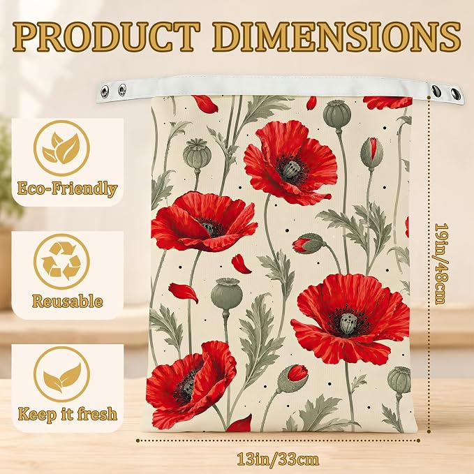 2 Pack Beeswax Red Poppy Bread Bags for Sourdough Homemade Breads, Reusable Beeswax Bread Floral Leaves Storage Bag, Keep Loaves Fresh Longer, Freezer Safe & Airtight, Zero Waste 17 x 13''