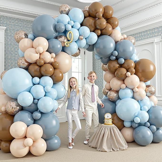 412Pcs Dusty Blue and Brown Balloon Arch Kit, 5 10 12 18inch Bear Baby Shower Decorations with Brown Sand White Dusty Blue Balloons for Baby Shower Decorations Gender Reveal Birthday Party Decoration
