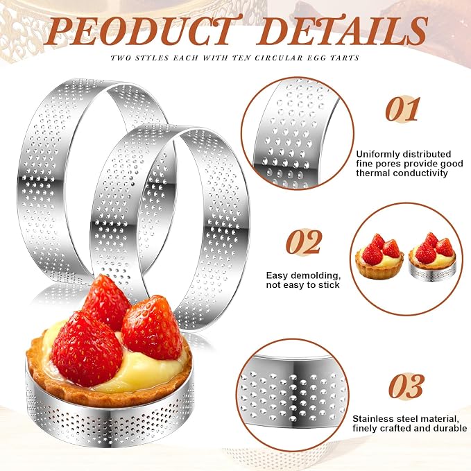 Mumufy 20 Pcs Perforated Tart Rings Round Stainless Steel Tart Rings for Baking Nonstick Metal Round Cake Ring for Pastry French Dessert Mousse Food Crisp Home Food Making Tool (3.15'')