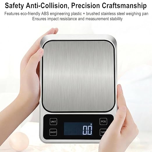 Kitchen Digital Scale, 0.1 g/0.001 oz High Precision Electronic Scale, Max 5 kg/11 lbs, Multiple Unit Conversion, Auto Power-Off/Tare/Counting Function, Stainless Steel Weighing Platform (Silver)