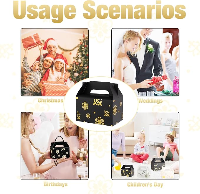 NyuOurea 10 PCS Black Gable Favor Treat Boxes, 6.5 x 4 x 4 Inches Elegant Gift Box with Handle for Guests, Goodie Boxes for Candy, Cookie, Busniess, Graduation, Wedding, Father‘ s Day, Thank You, Birthday, Flower