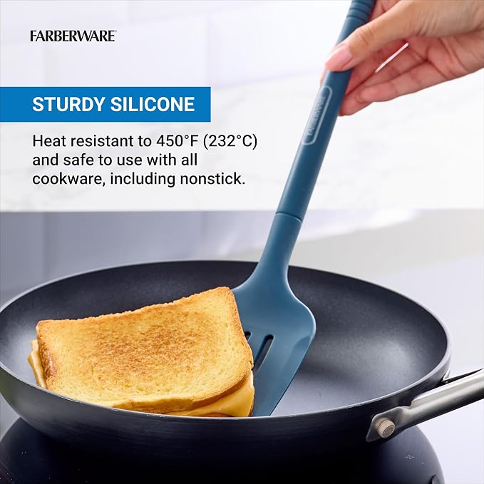 Farberware Pro Silicone Slotted Turner, Blue - Heat Resistant Spatula for Nonstick Cookware, 13 Inch Flipping Tool, Dishwasher Safe Kitchen Utensil