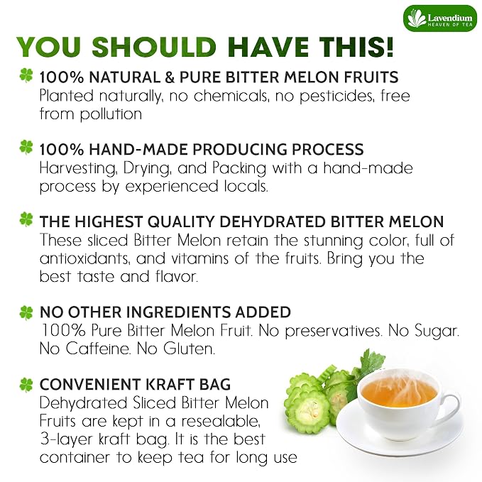 Lavendium, Premium 4.5oz Dehydrated Bitter Melon Slices, 100% Natural & Pure, No Additives or Preservatives, Non-GMO, Plant-Based & Vegan, Perfect for Tea & Cooking